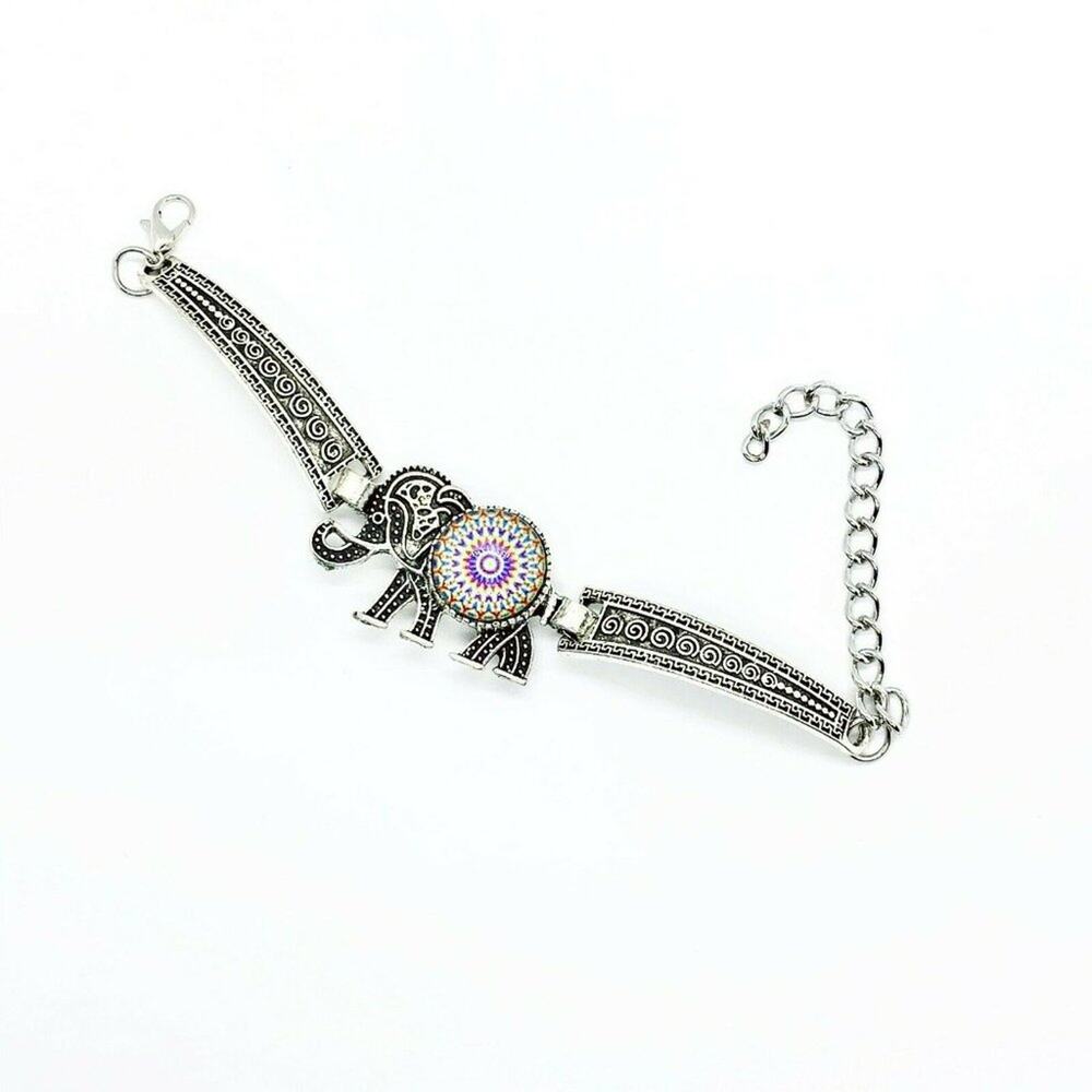 Boho Elephant Vibrant Rhinestone Engraved Silver-Tone Bracelet
